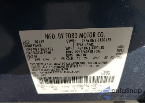 2018 Ford Explorer Xlt из США, поврежденный, VIN 1FM5K7D89JGC24901